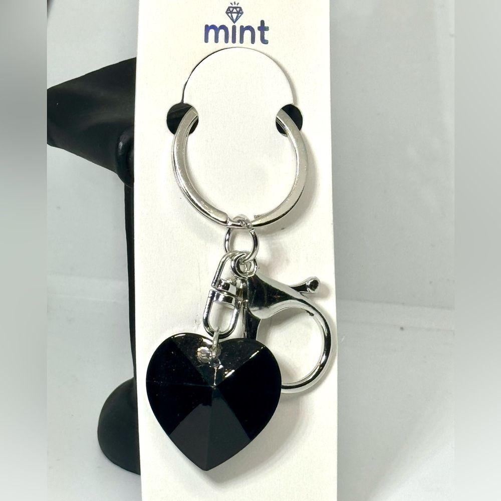 Black Crystal Heart Keychain Charm -  Silver Accent